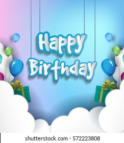 Happy Birthday vector design for greeting cards with balloon and gift box, isolated with clouds on colorful background