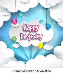Happy Birthday vector design for greeting cards with balloon and clouds, vector illustration for birthday celebration