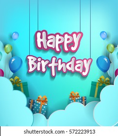 Happy Birthday vector design for greeting cards with balloon and gift box, isolated with clouds on blue background