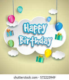 Happy Birthday vector design for greeting cards with balloon and gift box, isolated with clouds on colorful background