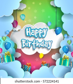Happy Birthday vector design for greeting cards with balloon and gift box, isolated with clouds on colorful background