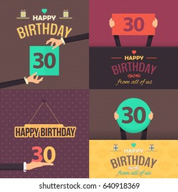 Happy Birthday Vector Design. Greeting Card and Celebration Message Poster, Flat Style Flyer Set. Age 30
