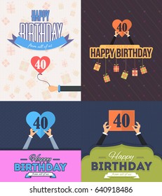 Happy Birthday Vector Design. Greeting Card and Celebration Message Poster, Flat Style Flyer Set. Age 40