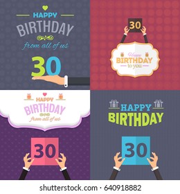 Happy Birthday Vector Design. Greeting Card and Celebration Message Poster, Flat Style Flyer Set. Age 30