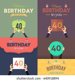 Happy Birthday Vector Design. Greeting Card and Celebration Message Poster, Flat Style Flyer Set. Age 40