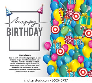 Happy Birthday vector design for greeting cards and poster with balloon, confetti and gift box, place for text greeting card and banner for birthday celebration