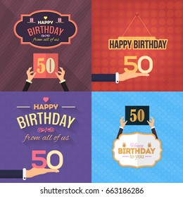 Happy Birthday Vector Design. Greeting Card and Celebration Message Poster, Flat Style Flyer Set. Age 50