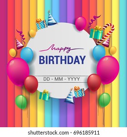 Happy Birthday vector design for greeting cards with balloon and gift box, isolated on rainbow background