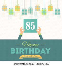 Happy Birthday Vector Design. Hanging Gift Boxes, Announcement and Greeting Card, Poster, Flyer. Age 85