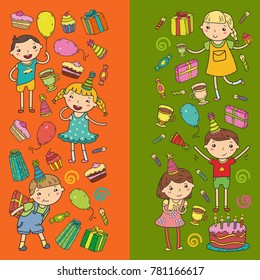 Happy birthday vector design Birthday hat Party and celebration. Kindergarten children, school kids party. Vector illustration.