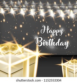 Happy birthday vector design with Lamp and gold gift box for party and celebration