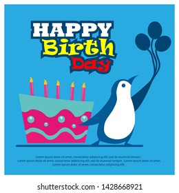 Happy birthday vector design with penguins bring balloons.