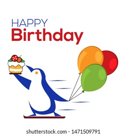 Happy birthday vector design with penguins bring cake and balloons.