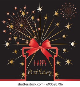 Happy birthday. Vector. Design for posters and greeting cards with gift box, bow, ribbon and salute. Design template for birthday celebration.