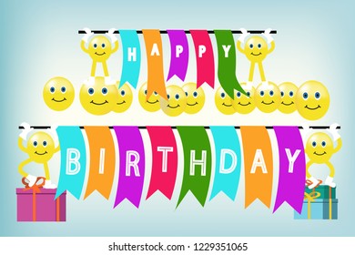 Happy birthday vector design with smile face , party invitation ,banner, gift boxes