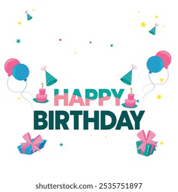 Happy birthday vector design. Happy birthday to you text with surprise element like balloons, gift , Vector illustration.