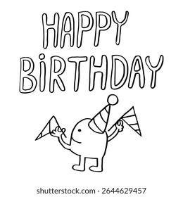 Feliz aniversário vetor doodle conceito. Ilustração de feriado com caráter e letras. Clip art mão desenhado Divertido pequeno monstro em chapéu de férias. Use para design, impressão, cartão postal e lembranças.