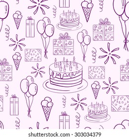 Happy birthday vector doodle hand drawn colorful  seamless  pattern. Funny and cute. Good illustration for scrap booking, sites, textile, brochures, banners. With ice cream, cake, balloons, gifts