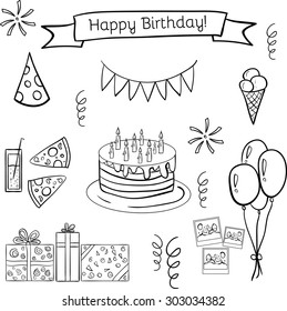 Happy birthday vector doodle hand drawn colorful  seamless  pattern. Funny and cute. Good illustration for scrap booking, sites, textile, brochures, banners. With ice cream, cake, balloons, gifts
