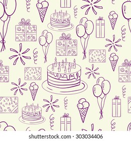 Happy birthday vector doodle hand drawn colorful  seamless  pattern. Funny and cute. Good illustration for scrap booking, sites, textile, brochures, banners. With ice cream, cake, balloons, gifts