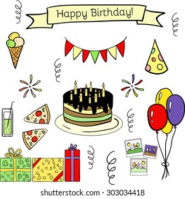 Happy birthday vector doodle hand drawn colorful  seamless  pattern. Funny and cute. Good illustration for scrap booking, sites, textile, brochures, banners. With ice cream, cake, balloons, gifts