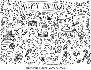 Happy birthday vector doodles, hand drawn sketch on white paper