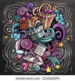 Happy Birthday vector doodles illustration. Holiday elements and objects cartoon background. Chalkboard funny picture.