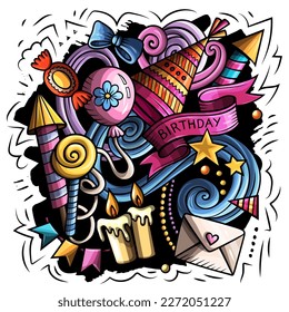 Happy Birthday vector doodles illustration. Holiday elements and objects cartoon background. Bright colors funny picture. All items are separated