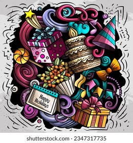 Happy Birthday vector doodles illustration. Holiday elements and objects cartoon background. Bright colors funny picture. All items are separated