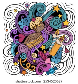 Happy Birthday vector doodles illustration. Holiday elements and objects cartoon background. Bright colors funny picture. All items are separated