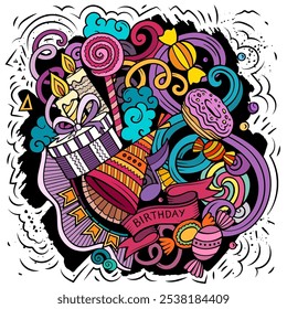 Happy Birthday vector doodles illustration. Holiday elements and objects cartoon background. Bright colors funny picture. All items are separated