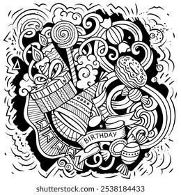 Happy Birthday vector doodles illustration. Holiday elements and objects cartoon background. Sketchy funny picture. All items are separated