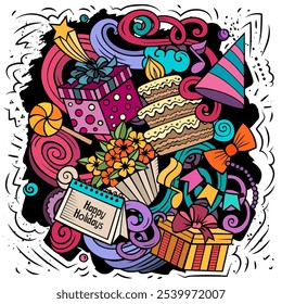 Happy Birthday vector doodles illustration. Holiday elements and objects cartoon background. Bright colors funny picture. All items are separated