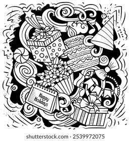 Happy Birthday Vektordoodles Illustration. Urlaubselemente und Objekte Cartoon Hintergrund. Skizzenhaft lustiges Bild. Alle Elemente sind getrennt