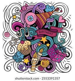 Happy Birthday vector doodles illustration. Holiday elements and objects cartoon background. Bright colors funny picture. All items are separated