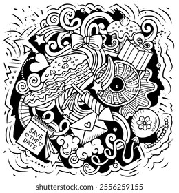 Happy Birthday vector doodles illustration. Holiday elements and objects cartoon background. Sketchy funny picture. All items are separated