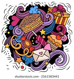 Happy Birthday vector doodles illustration. Holiday elements and objects cartoon background. Bright colors funny picture. All items are separated