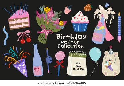 Happy Birthday vector elements in cartoon style. Birthday retro stickers for greeting cards, badges, postcards, poster, print, invitation, event. Cakes, gifts, flowers, candles, confetti, balloons 