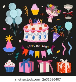 Happy Birthday vector elements in cartoon style. Birthday retro stickers for greeting cards, badges, postcards, poster, print, invitation, event. Cakes, gifts, flowers, candles, confetti, balloons 