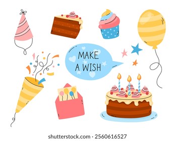 Happy Birthday vector elements set, greeting card. Make a Wish lettering. Funny flat colorful hand drawn kid bday design objects isolated. 