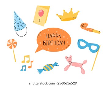 Happy Birthday vector elements set, greeting card. Funny flat colorful hand drawn kid bday design objects isolated. 