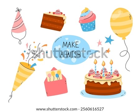 Happy Birthday vector elements set, greeting card. Make a Wish lettering. Funny flat colorful hand drawn kid bday design objects isolated. 