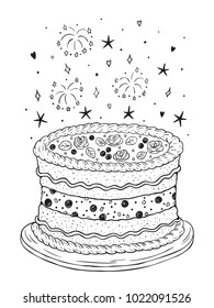 Happy Birthday. Vector Fireworks and Birthday Cake or Wedding Cake with cream and berries. Hand Drawn illustration