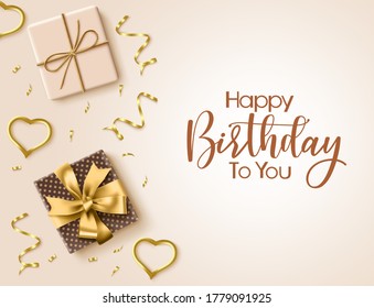 Happy birthday vector greeting background. Happy birthday greeting text in empty space for messages with elegant party elements like golden gift, heart and confetti. Vector illustration  