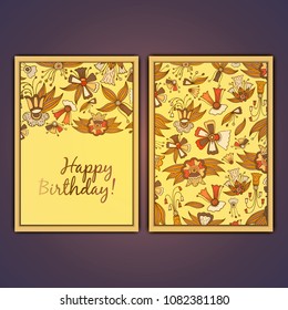 Happy birthday vector greeting card with abstract doodle flowers