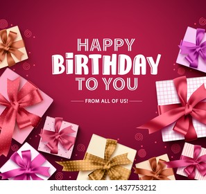 Happy birthday vector greeting card design. Happy birthday text  in red empty space background with colorful boxes of gifts and ribbons for party and celebration. Vector illustration.
