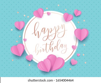 Happy birthday vector greeting card. Decorative paper cut heart. Romantic love pink and mint color background, poster, banner. Place for text. Paper craft digital art