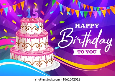 Happy birthday vector greeting card for fifteen years old celebration. Cartoon postcard with cake, lighting candles and confetti with flag garlands, congratulation for teenager, best wishes in bday