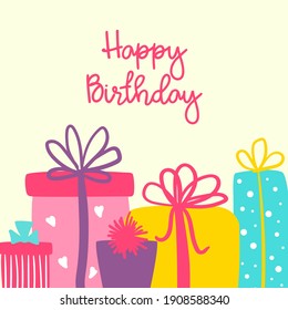 Happy Birthday vector greeting card with cute hand drawn colorful gift boxes and text