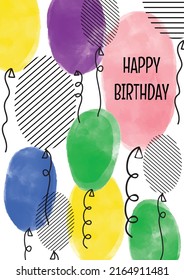 Happy Birthday vector greeting card with hand drawn watercolor textured colorful balloons with strings. Cute childish creative artistic background design for birthday celebration card